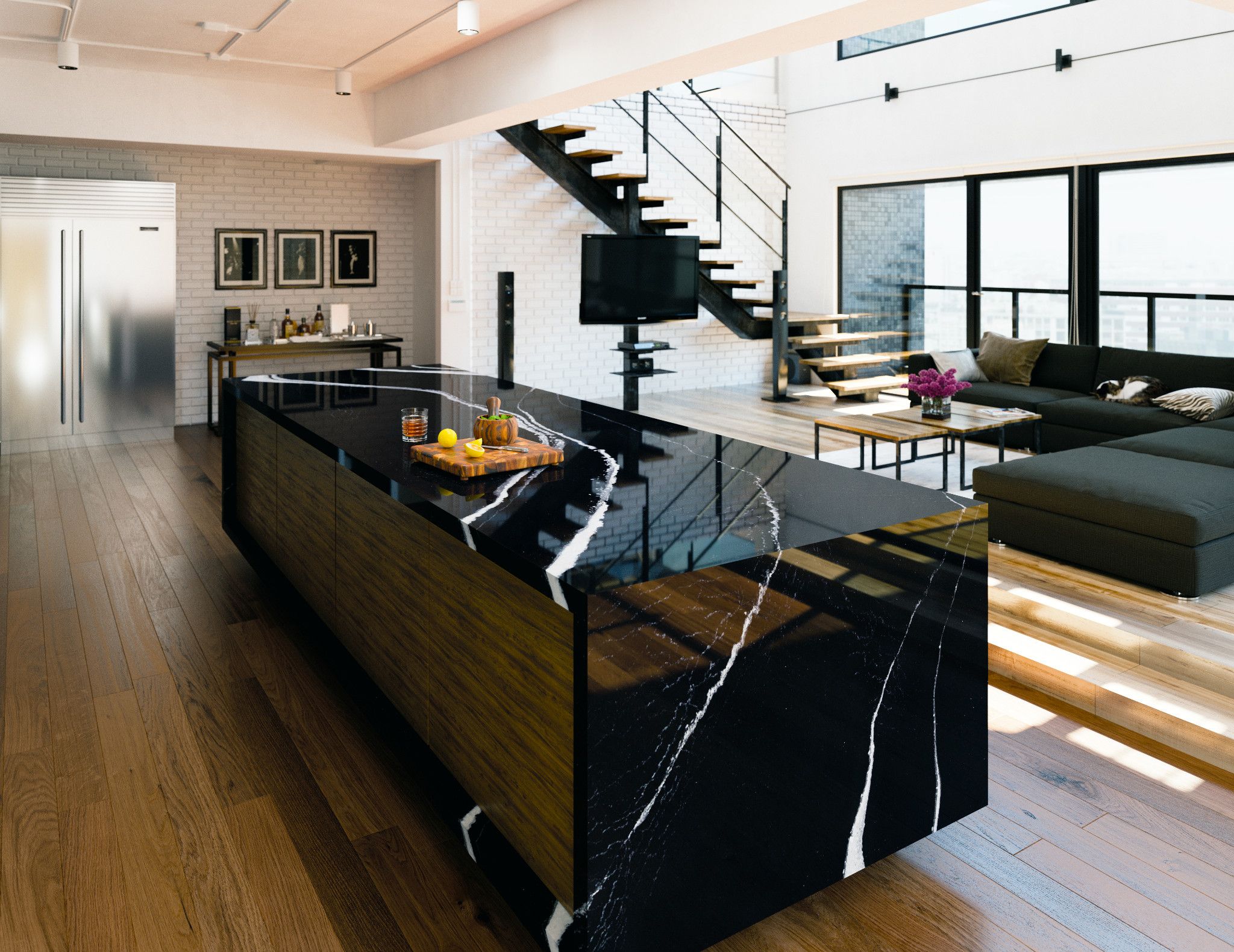Mersey Cambria Quartz Kitchen Countertops with Brown Wood Cabinets, Wood Floors, and Stainless Steel