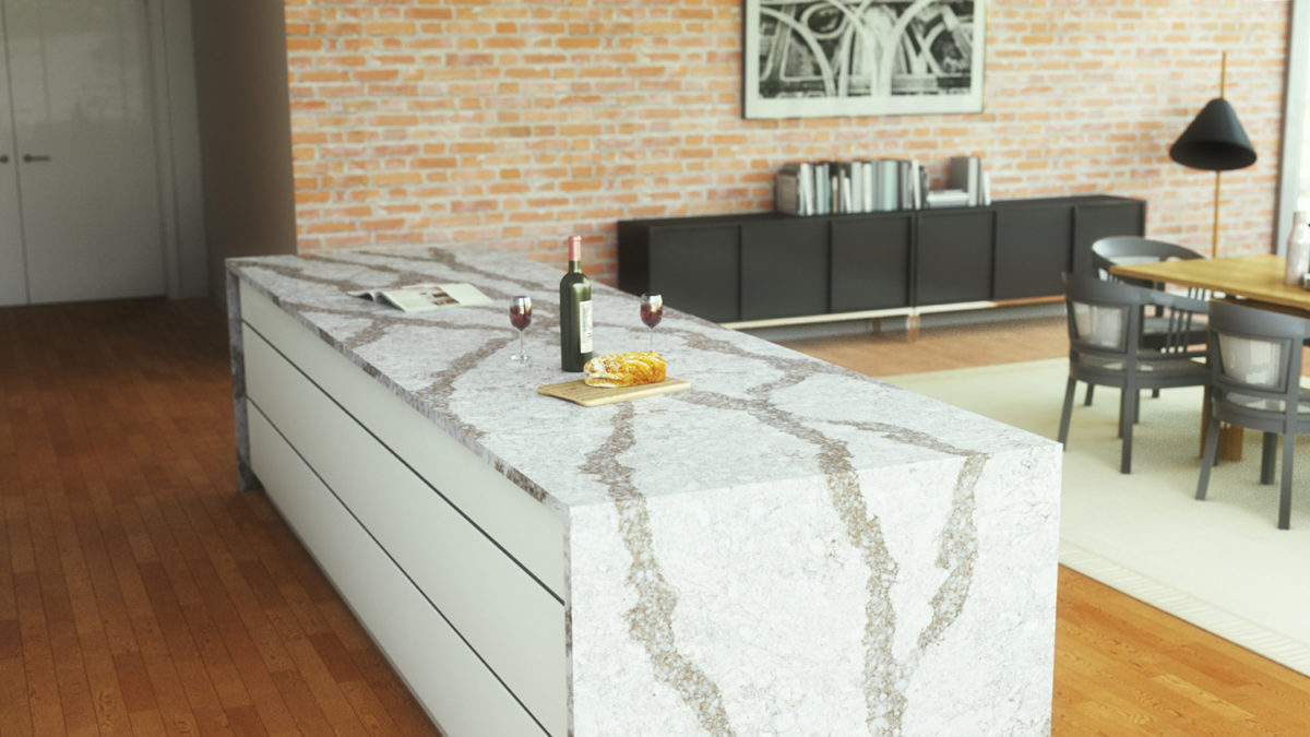 Beaumont Cambria Quartz Kitchen Countertops with White Wood Cabinets and Wood Floors