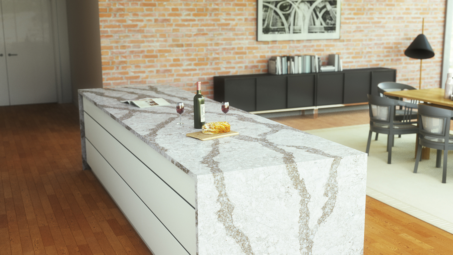 Beaumont Cambria Quartz Kitchen Countertops with White Wood Cabinets and Wood Floors