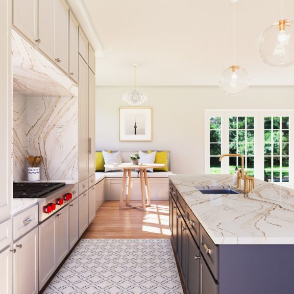 Clovelly Cambria Quartz Kitchen Countertops with White and Grey Wood Cabinets and Wood Floors