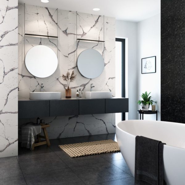 Harrogate Cambria Quartz Bathroom Walls with Two Sinks and Mirrors