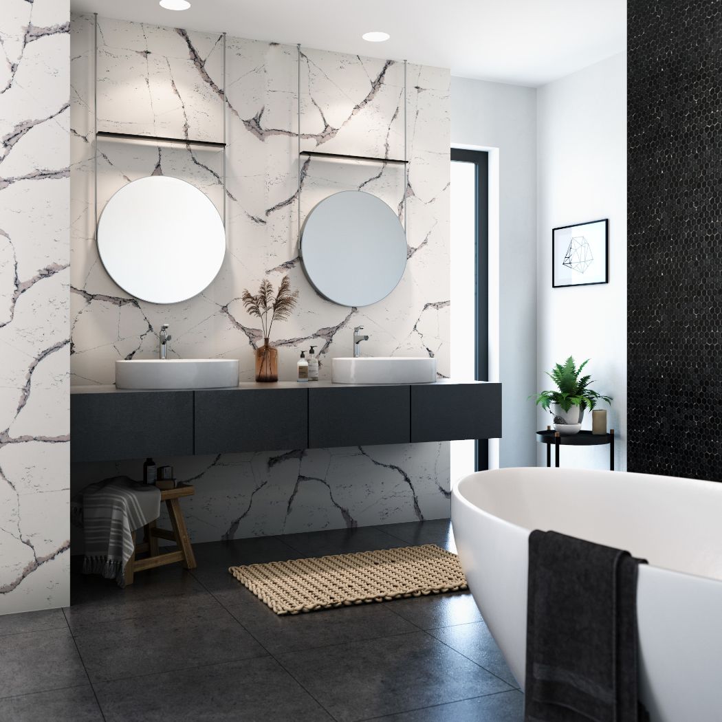 Harrogate Cambria Quartz Bathroom Walls with Two Sinks and Mirrors