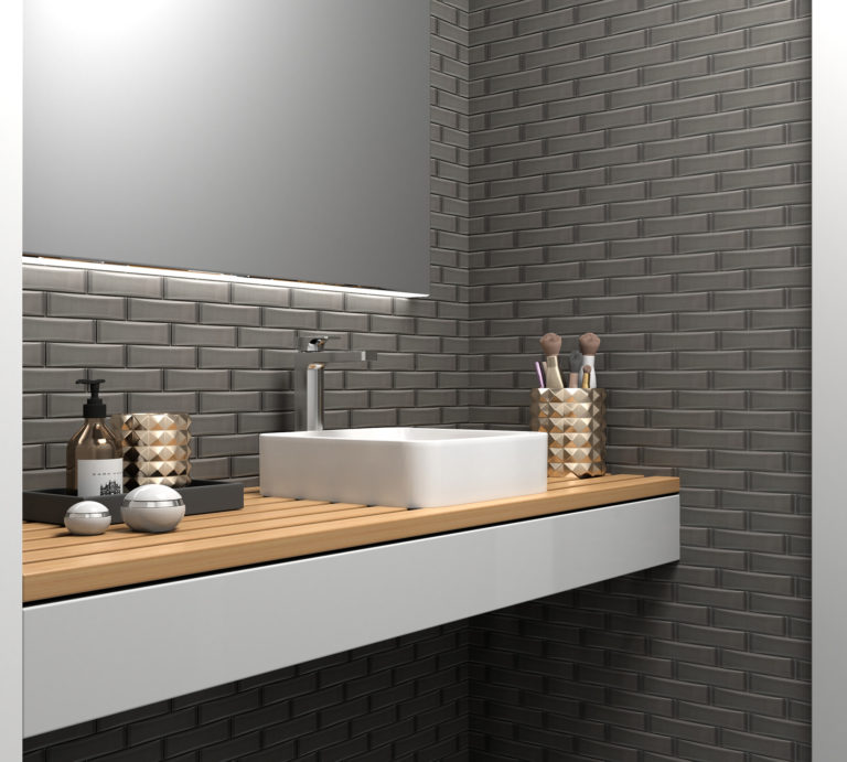 Grey Dimensions Tile Backsplash in Bathroom