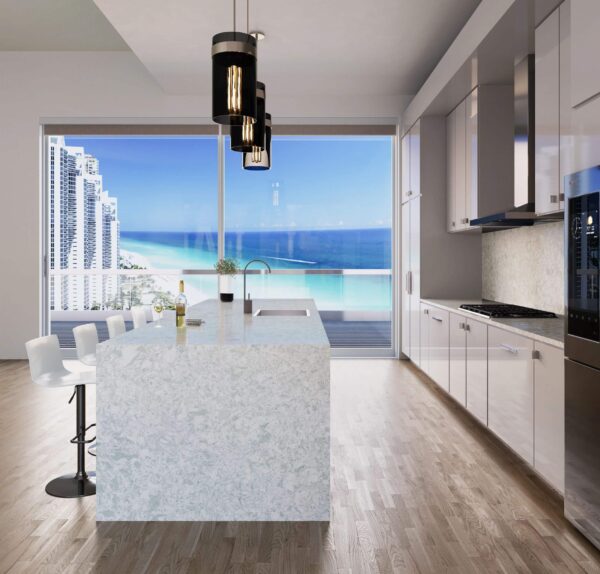 Clifton Cambria Quartz Kitchen Island with Waterfall Panel