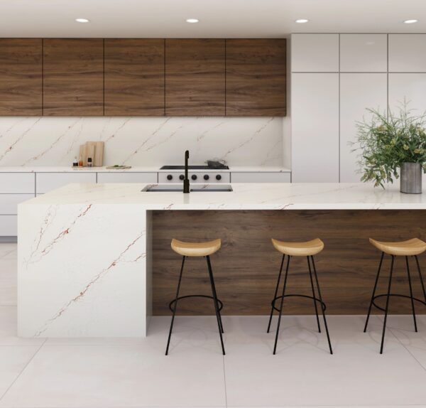 Inverness Bronze Cambria Quartz Kitchen Countertops with Waterfall Panel