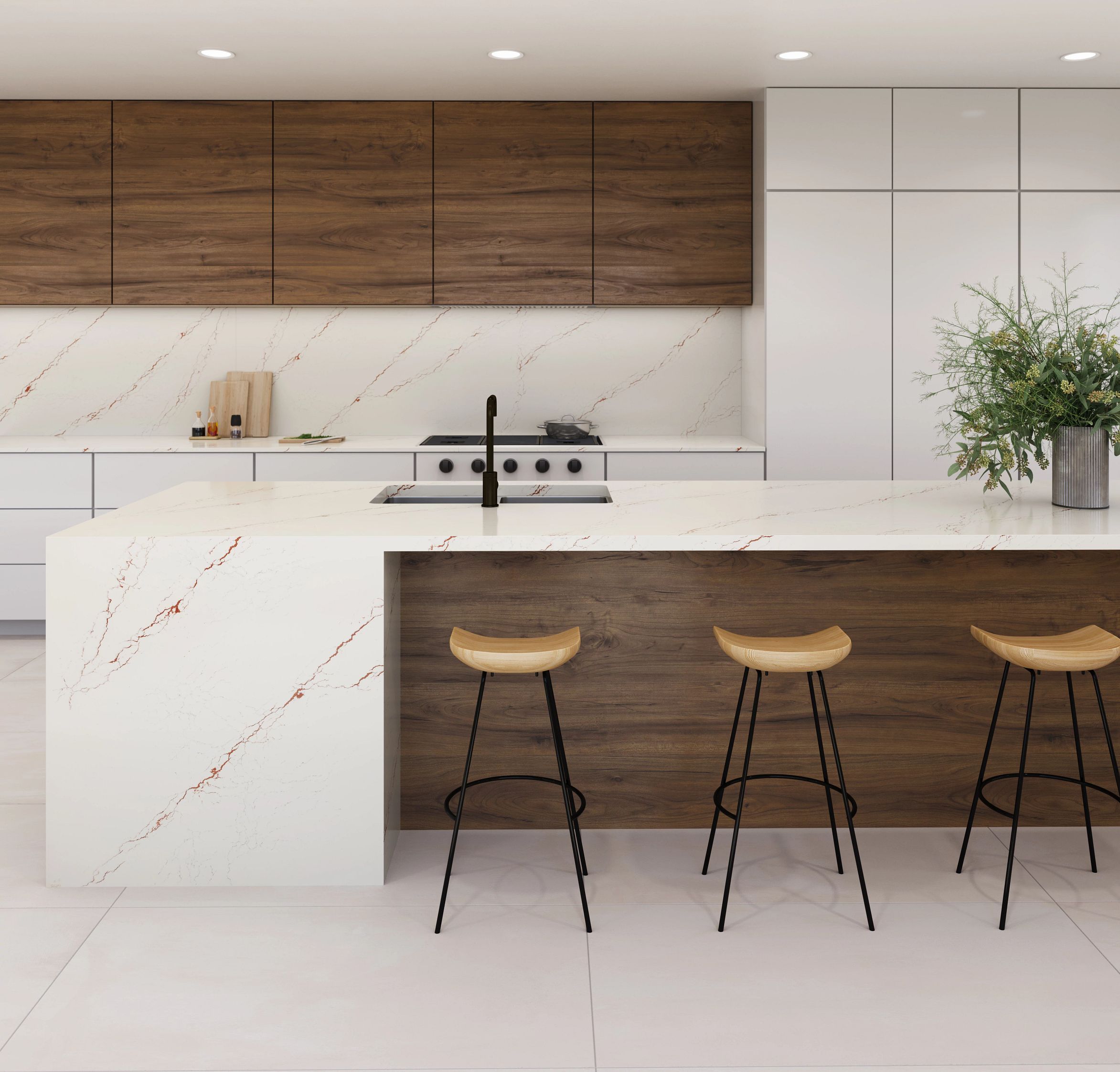 Inverness Bronze Cambria Quartz Kitchen Countertops with Waterfall Panel