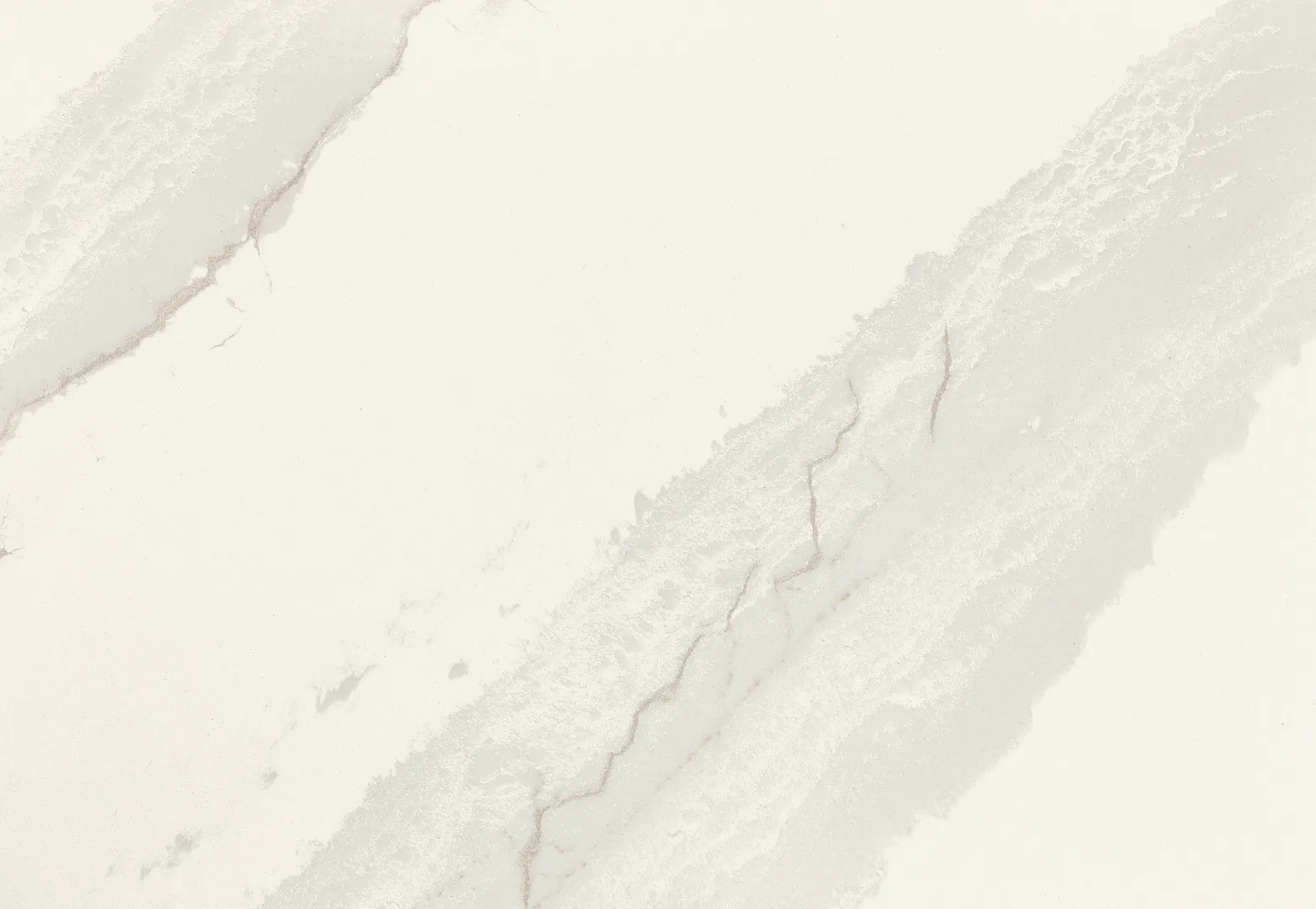 A close-up view of Cambria Inverness Swansea Quartz, showcasing its tonal white, marbled design with intricate debossed Inverness veins. Available in both high gloss and Cambria Matte finishes