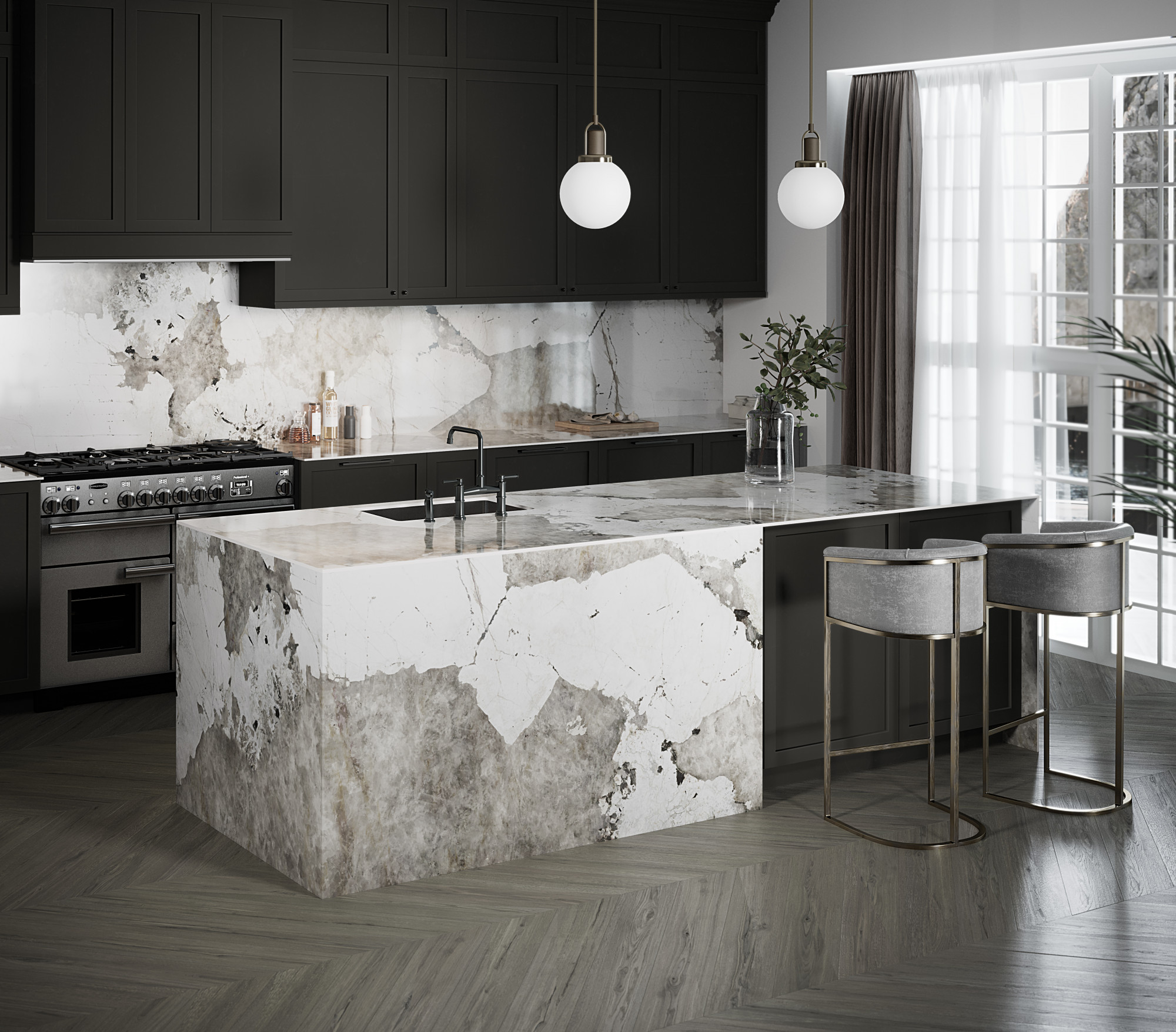 Khalo Dekton Kitchen Countertops with Waterfall Island and Backsplash