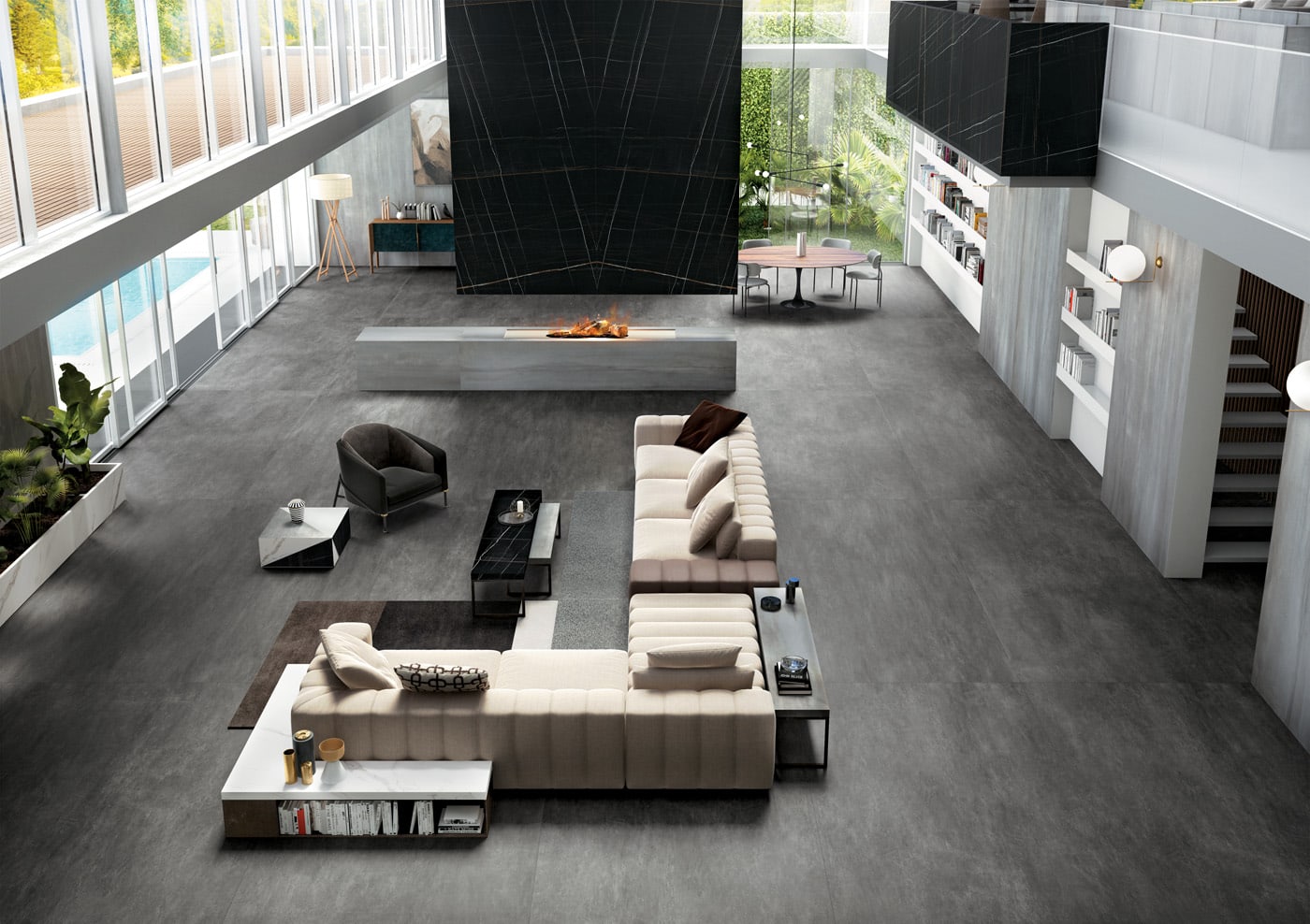 Metal Silver Infinity Porcelain Countertops Fireplace Island