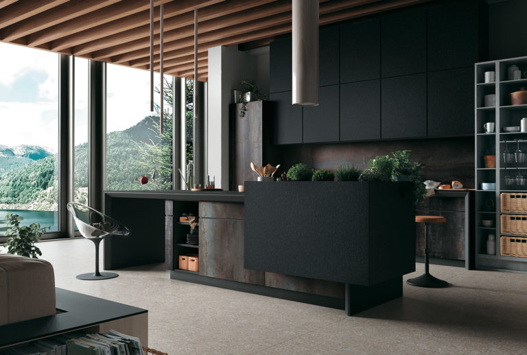 Nero Granite Infinity Porcelain Kitchen Island Countertops and Walls
