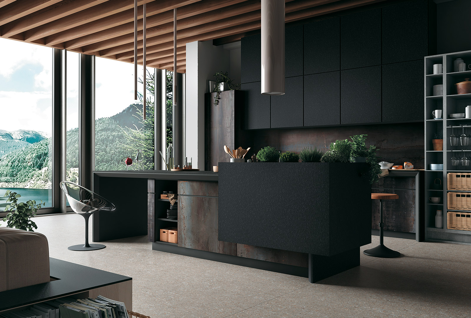 Nero Granite Infinity Porcelain Kitchen Island Countertops and Walls