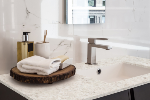 White Pearl LG Viatera Quartz Bathroom